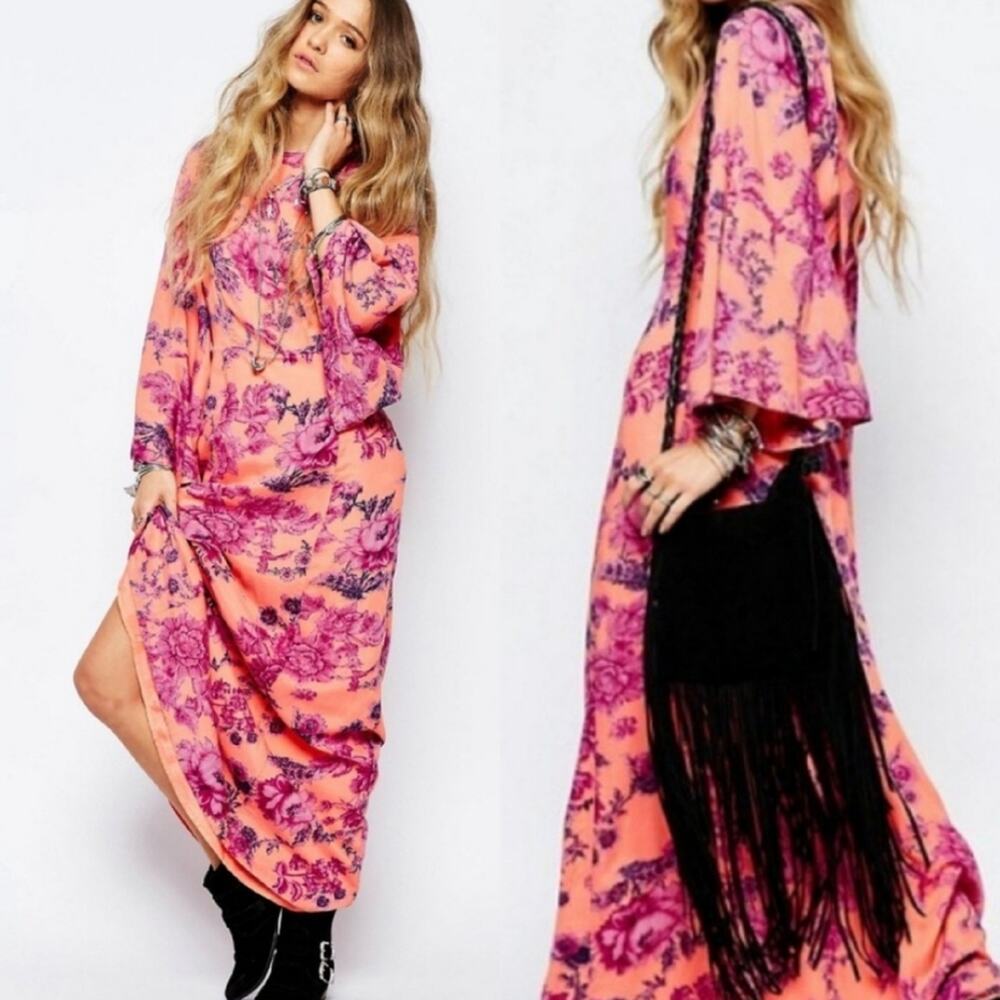 Free People Peach Maxi Dress with Fuchsia Floral Pattern
